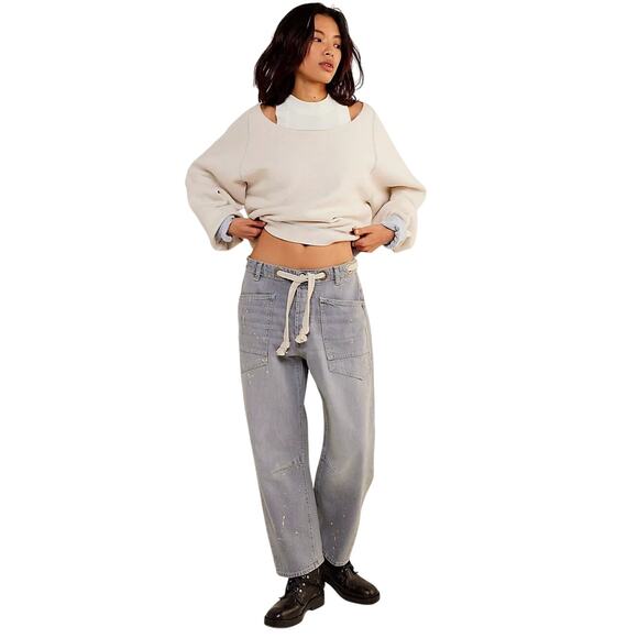 We The Free Women's Barrel Jeans 27 Moxie Gray Pull On Low Slung Paint Splatter - Picture 1 of 10